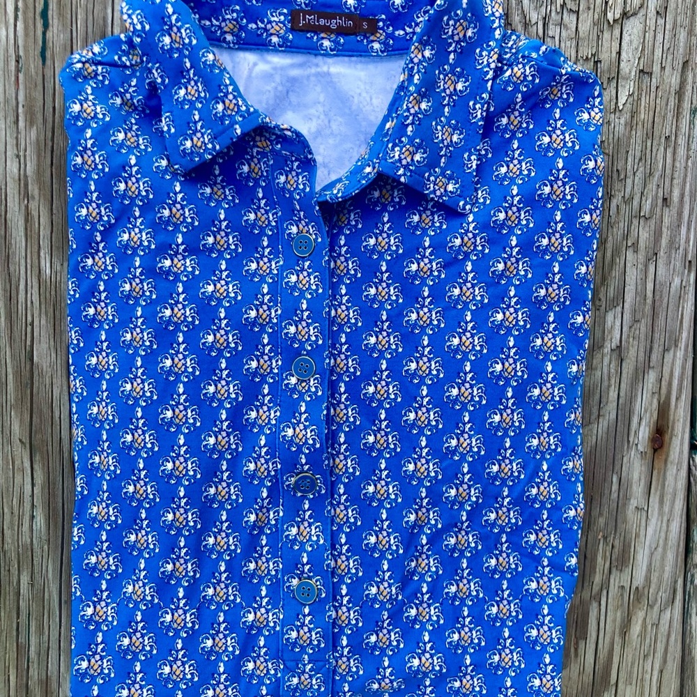 J. McLaughlin EUC Catalina Cloth Blue/Yellow Pineapple Button Popover Shirt Sz S - Picture 9 of 16